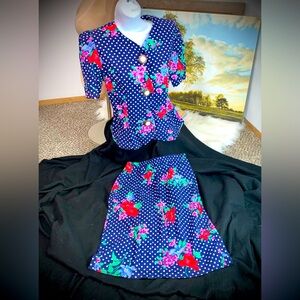 🩸PRICE DROP Vintage Navy Blue Polka Dot Matching 2-Piece Top & Skirt 10 Petite
